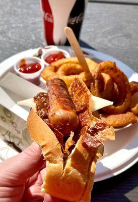 Bacon chili cheese dog and small order of onion rings