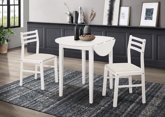 White 36 round drop leaf table with 2 chairs