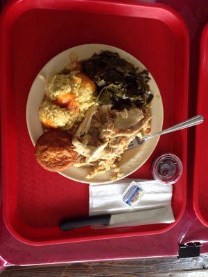 Turkey dinner, collards, broccoli casserole.