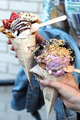 Berry Nutty ($8.50) and The Usual ($8.50) ice cream bubble waffle cones