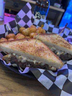 Garlic Parm Melt with tater tots