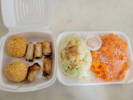 Sesame ball, egg rolls, sticky rice