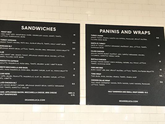 Deli counter sandwich, panini menu