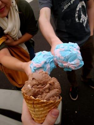 Chocolate Peanut Butter Revel and Cotton Candy!  These are only single scoops!