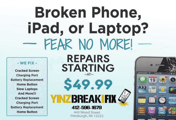 Located in downtown Pittsuburgh, YinbreakIfix is proudly serving our community with all your cell phone, tablet, and repair needs!