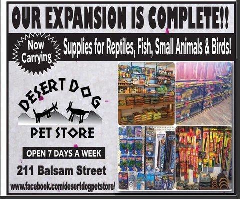 We expanded our shop AND we now carry supplies for Reptiles, Fish, Small Animals and Birds!