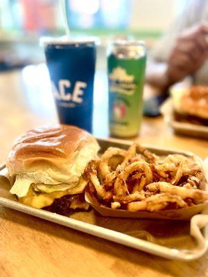 Ace's Burger. Onion Straws. Sweet Tea. Sycamore Mango Cider