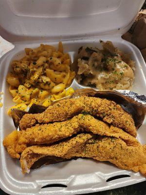 Fried fish, Mac and cheese. And mashed potatoes