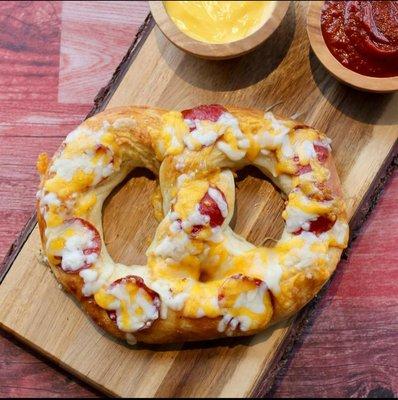 Our pepperoni and cheese,  another specialty pretzel,  really hearty.