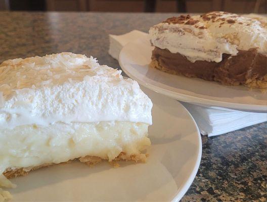 Coconut cream and chocolate pies