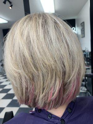 Highlights, pink peak-a-boos, and haircut