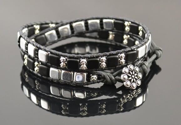 Czech Glass 2-Hole Tile Leather Wrap Bracelet