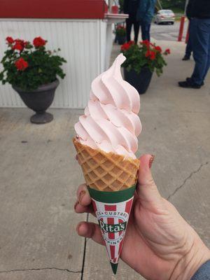 Strawberry custard in a waffle cone