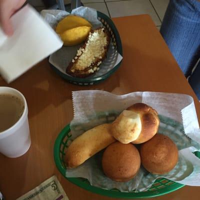 Plantains with cheese, empanadas, bunuelos, pan con queso