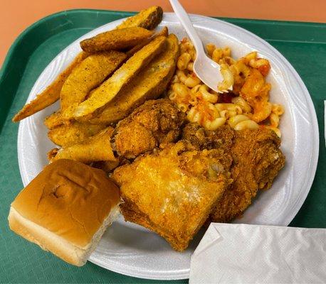 2 piece dark meat with macaroni and potato wedges.