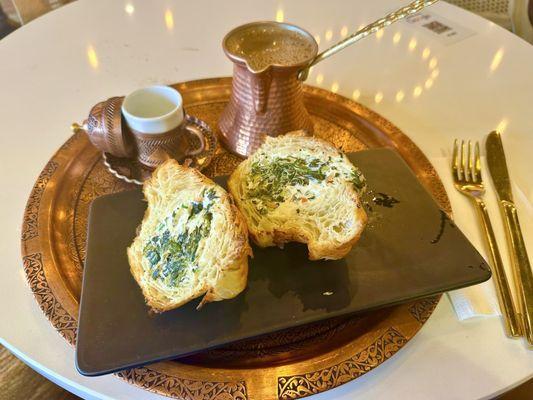 Turkish coffee and Spinach and Cheese Croissant