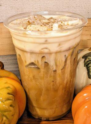 Pumpkin Spice Latte made with fresh pumpkin, topped caramel sauce