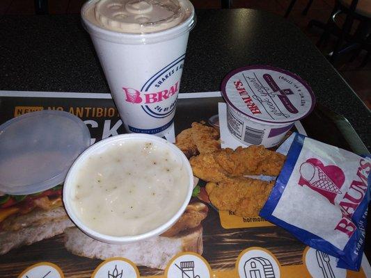 My old standby, two piece chicken strip meal with gravy a small shake and a yogurt, just under $5.