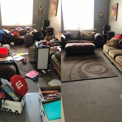 Before and after: a cluttered living room becomes a tidy, inviting space. We focus on details to leave a spotless, relaxing atmosphere.