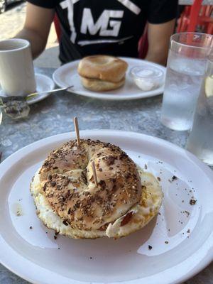 Everything bagel with egg and Canadian Bacon and plain bagel with cream cheese