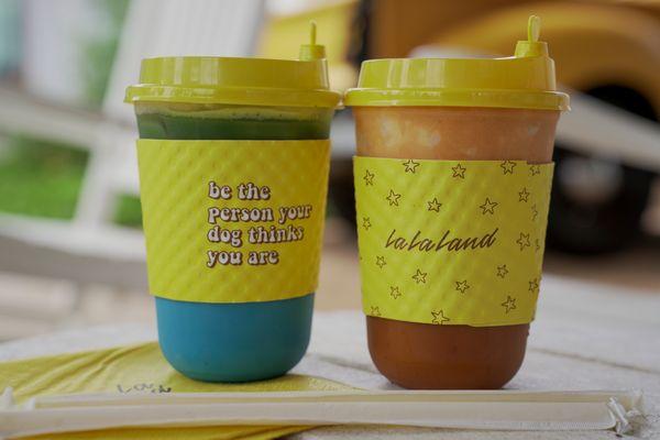 Butterfly Matcha Latte with Iced Pumpkin Spice Latte (Fall Special)...Adorable saying and designs on the cup sleeves!