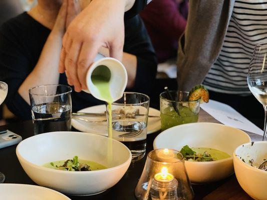 Don't judge - I have had this both times I have been here: Spring pea soup with morel mushrooms (YUMMY!!!!) and yuba.