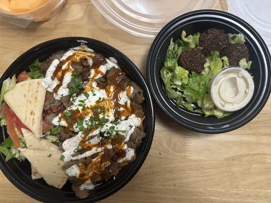 Gyro over rice bowl and falafel