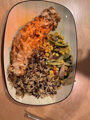 Almond Crusted Salmon with Wild Rice Pilaf and Sautéed Vegetables