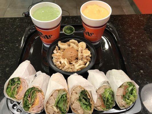 Matcha Match smoothie, Orange Chill smoothie, wheatgrass shot, PB&G Bowl, Spicy Turkey Wrap, Chicken Caesar Wrap, Asian Chicken Wrap.