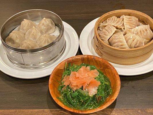 Soup dumplings, Pork dumplings and seaweed salad