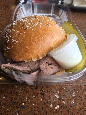 Beef on Weck to go. With horseradish and pickle on the side!!