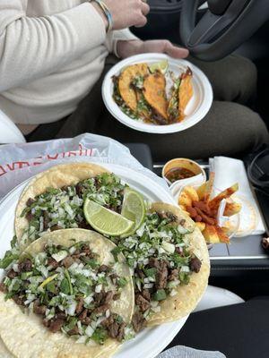 Asada Tacos, Birria Tacos, Consume, and Mango