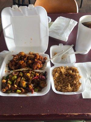 Combo plate with Kung Pao chicken and Orange chicken and fried rice