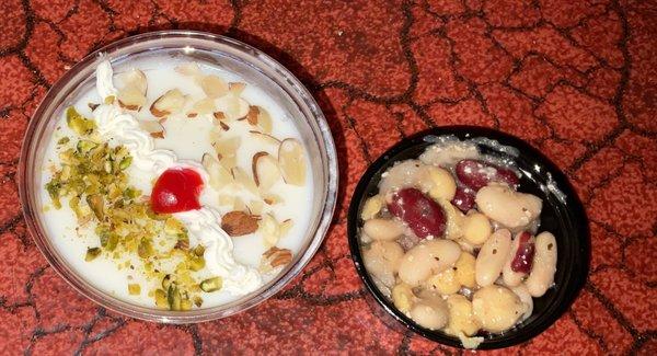 Left: pudding (mihalaya). Right: bean salad.