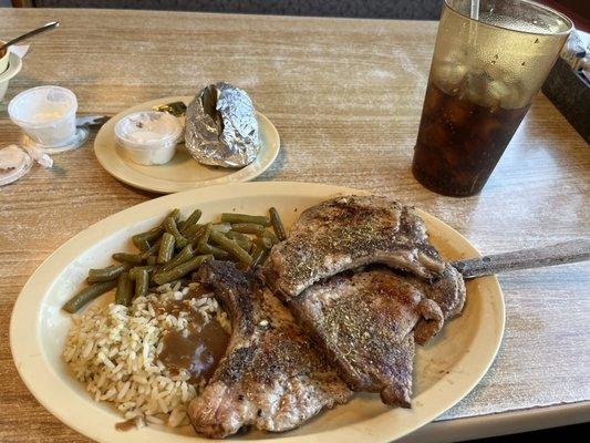 3 Pork Chop Dinner with complimentary Rice, Green Beans & Potato made Greek Style as my choice tonight.