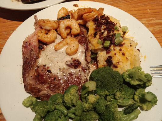 Surf and turf - ribeye with loaded mashed potatoes and broccoli