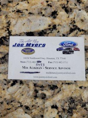 Service advisor business card.