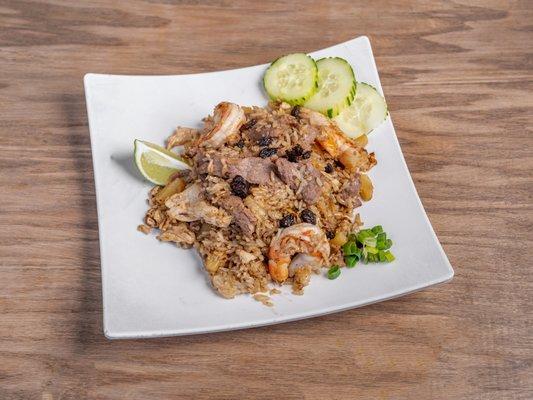 Our Combination protein Chicken shrimp and beef = Hawaiian Fried rice, cook with creamy coconut milk , raisin and mix protein