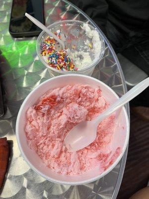 Strawberry Sno Ice and vanilla Sno Ice