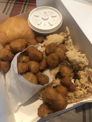 Chicken Tenders Meal with fried okra, gravy, and a roll for Mrs. Texas.