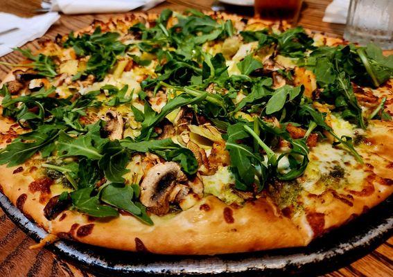 Pest Pizza with Shrimp, Artichokes, Mushrooms, and Fresh Arugula