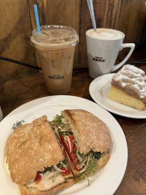 Turkey Caprese Ciabatta Iced vanilla Iced Latte (20oz) Butter Crumb Cake