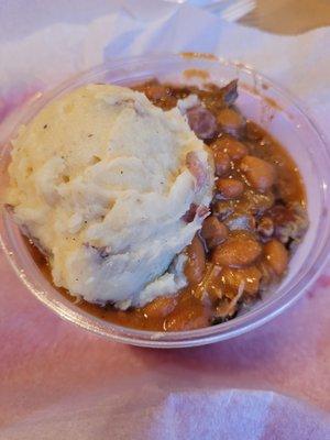 June Bowl with brisket, beans and mashed potatoes