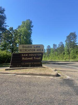 Double Lake Recreation Area turn off road and the sign. One of the many sites for visitors that Sam Houston National Forrest has to offer