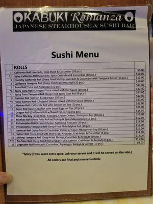 Sushi menu