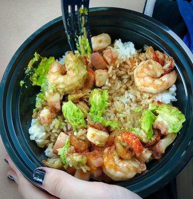 Poke Bowl: Medium with shrimp, octopus, crawfish tails, avocado, fish eggs, and eel sauce