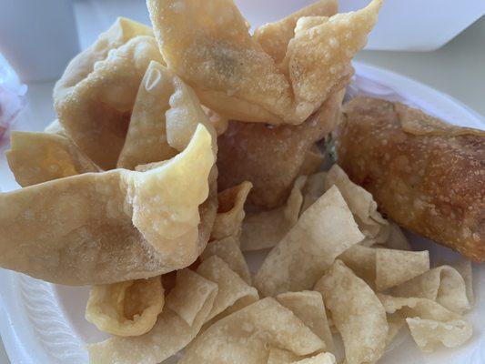 Crab Rangoon's , soup chips, and egg rolls