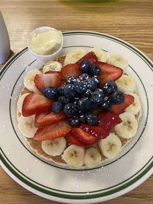 Short stack pancakes with three fruits. So refreshing and delicious.