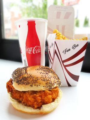 A hot& spicy chicken sandwich comes with free fries