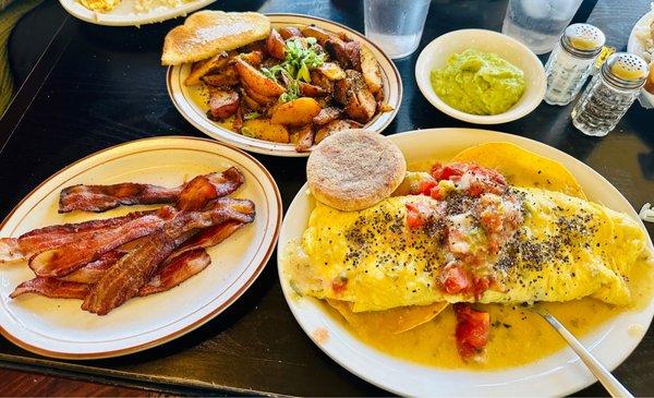 Dante fe omelette,bacon,potatoes,and avacado verde salsa